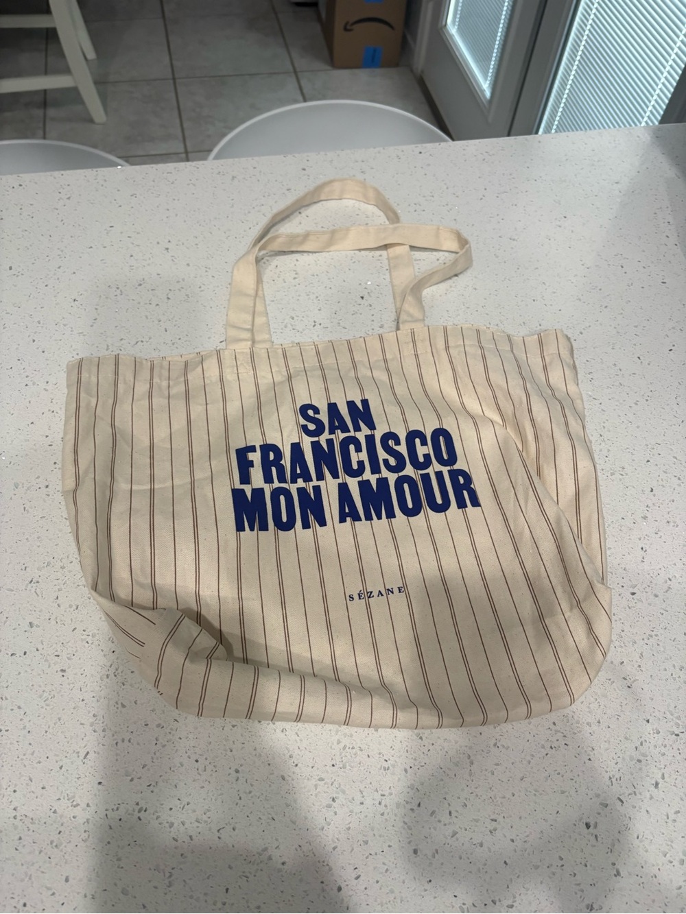Sezane Cream Striped Tote with Blue 'San Francisco Mon Amour' Text